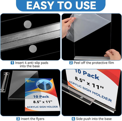EHWINE 10 Pack 8.5 x 11 Acrylic Sign Holder, Clear Signs Display Holder Double-Sided Stand up Table Top Sign Holders Flyer Stand Frames Suitable for Office Business Store Hotels Party(Provide Non-slip Mats)