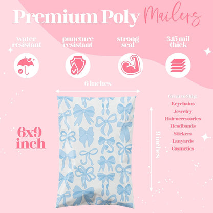 6x9 Designer Poly Mailer 100 Pack Heavy Duty Waterproof Self Seal Shipping Bags for Small Business Large Mailing Envelopes Bulk Tear Resistant Packaging Blue Bows