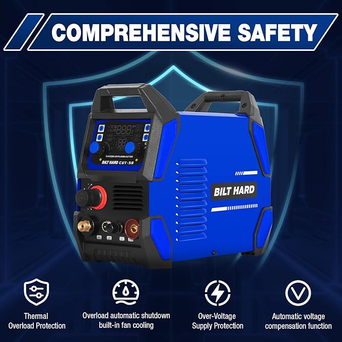 BILT HARD Plasma Cutter, 50A Plasma Cutting Equipment, Non Touch Pilot Arc, 110V/220V Dual Voltage, Digital Display Screen, DC Inverter IGBT Plasma Cutter Machine for Beginners