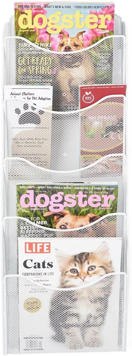 Displays2go Single & Multi-Tiered Metal Mesh Literature Wall Rack, 5-10 Pockets - White (MSHWHL5WHT)