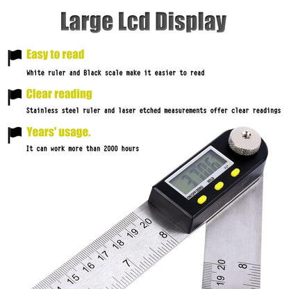 Delgada 8 inch/200mm Digital Angle Finder Ruler - Stainless Steel Protractor for Woodworking and Construction - Battery Included