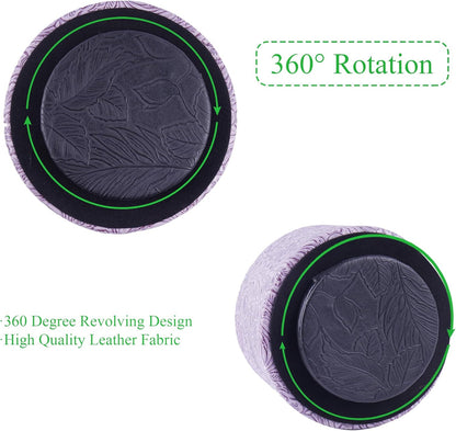 lizimandu Round Leather Art Supply Organizer,Remote Control Holder,360 Degree Spinning,Multi-Functional Pencil Holder,4 Compartments Desktop Stationary Organizer(1-Carved Puple)