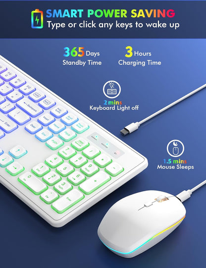 Wireless Keyboard and Mouse - RGB Backlit, Rechargeable & Light Up Letters, Full-Size, Ergonomic Tilt Angle, Sleep Mode, 2.4GHz Quiet Keyboard Mouse for Mac, Windows, Laptop, PC, Trueque(White)