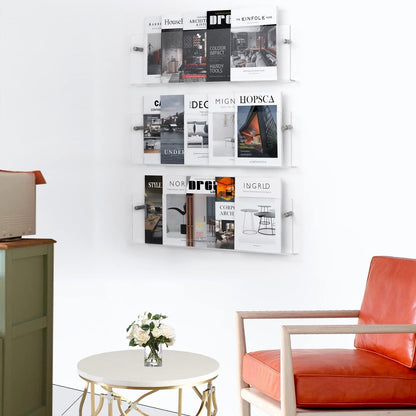 Clear Acrylic Brochure Holder Wall Mount 3 Tier, Hanging Bookshelf Magazine Rack Literature Storage Rack for Waiting Room, Living Room, Office, Home Display