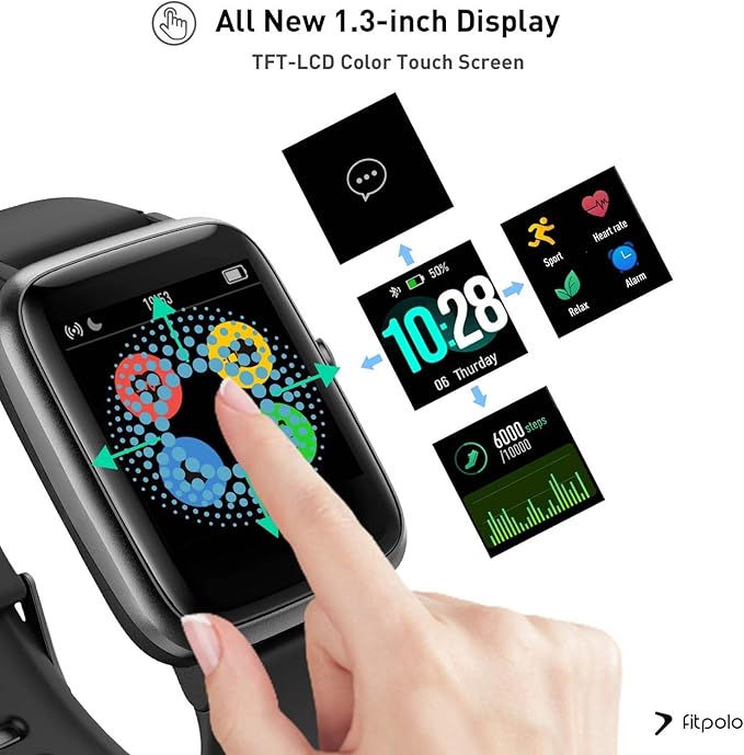Fitpolo Fitness Tracker with Heart Rate Monitor, Smart Watch 1.8 inches Color Touch Screen IP68 Waterproof Step Calorie Counter Sleep Monitoring Pedometer Watches Activity Tracker for Women Men