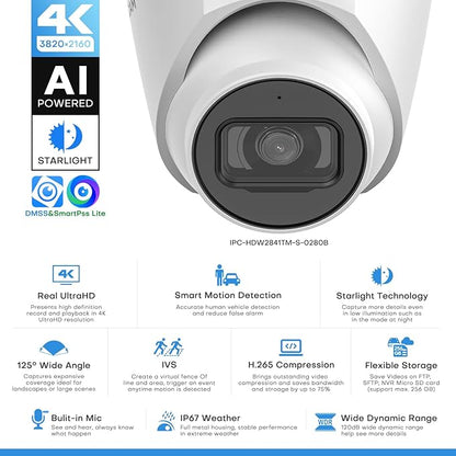 8MP IP Camera, DMSS/SmartPSS Lite, 4K PoE Turret Outdoor Starlight Camera with Mic Audio, Human/Vehicle Detection, IVS, Intrusion Tripwire Alarm, 2.8mm 125°Wide Angle, Metal IP67, H265+, 256GB