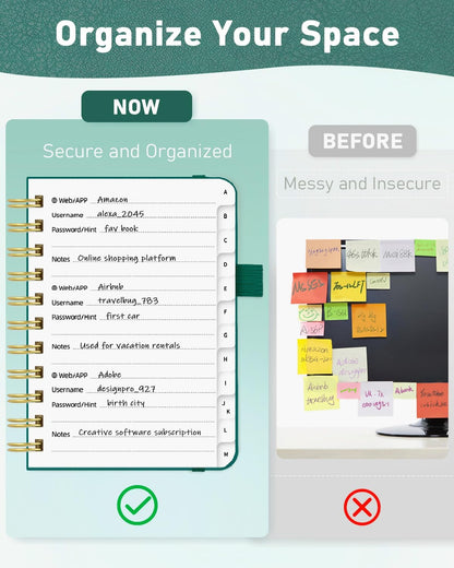 WEMATE Password Book with Alphabetical Tabs, Spiral Password Keeper Book for Seniors, Internet Password Notebook Password Journal Logbook Log in Detail, Small – 4.7''x 6'' (Teal)