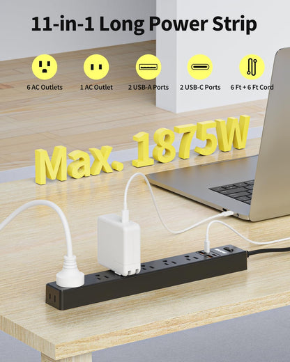 2 Pack Power Strip Surge Protector - 7 Outlets 4 USB Ports (2 USB C), 6 Ft Ultra Thin Flat Plug Extension Cord, 1875W/15A, 1700 Joules, Wall Mount for Home Office Dorm, Black