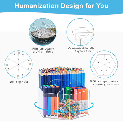 Marbrasse Acrylic Pen Holder, 360-degree Rotating Clear Pen Organizer for Desk, Desktop Stationery Organizer Caddy for Office School Home & Art Supplies (Acrylic Hexagon)