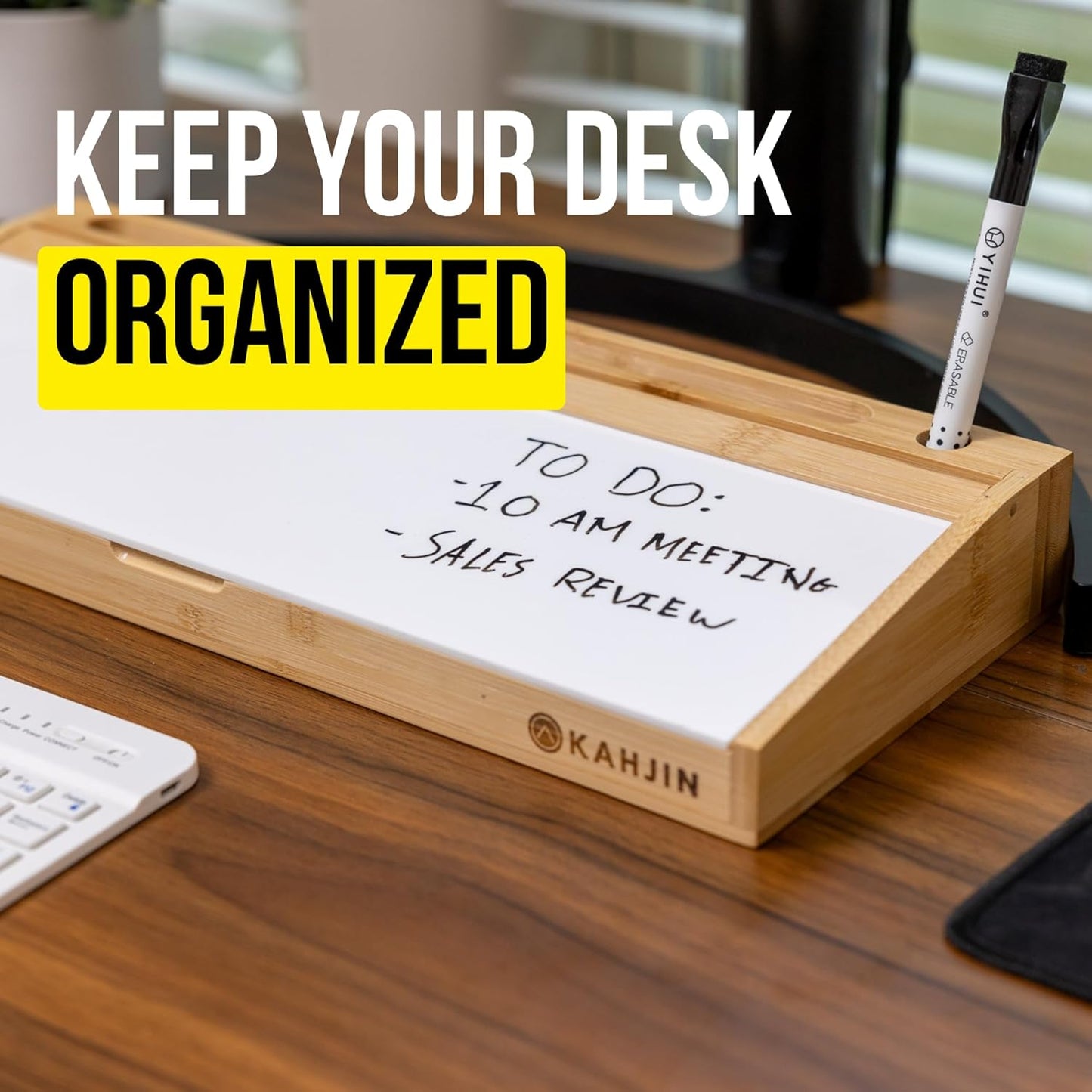 Desk Whiteboard with Storage - 16.2" x 6.7" x 2" with 3 Markers and 1 Eraser, Small Whiteboard for Desk - KAHJIN Natural Bamboo Dry Erase Board with Organizer for Office, Home, or School Essentials
