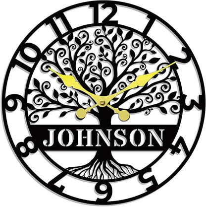Personalized Metal Wall Clock with Tree of Life Design, Custom Family Name Clock, Decorative Steel Wall Art, Housewarming Gift, Living Room Bedroom Kitchen Home Decor