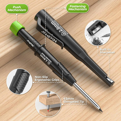 Nicpro Carpenter Pencil with Sharpener & Belt Clip, CP3000 Mechanical Pencils with 6 Refills in a Lead Dispenser, Deep Hole Long Nib Marker Pens for Construction, Woodworking Marking Carpenter Tools