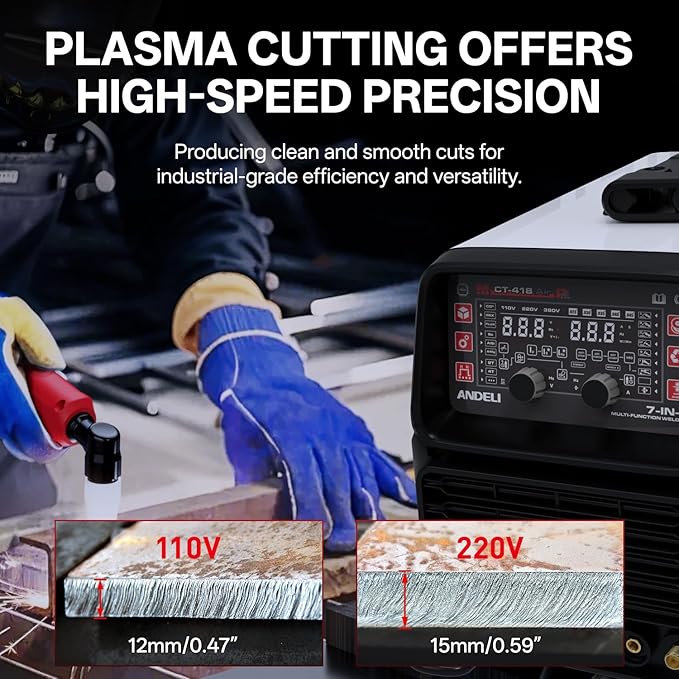 ANDELI 7 in 1 Multi-Process Plasma Cutter Welder Combo, 110/220V Dual Voltage Cutting Welding Machine GAS MIG/FLUX MIG/HF TIG/STICK/COLD/CUT/Aluminum MIG Welder (MCT-418)