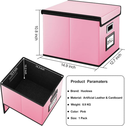 Huolewa File Organizer Box with Lid, Collapsible Leather File Folder Organizer for Office Document Storage, Filing Box with Plastic Slide for Letter/Legal Size Hanging Files, Pink