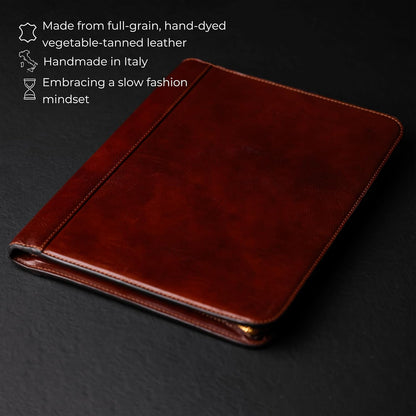 Time Resistance Leather Portfolio - A4 Document Folder - Italian Handcrafted Padfolio Organizer (Brown) - Gift Box Included