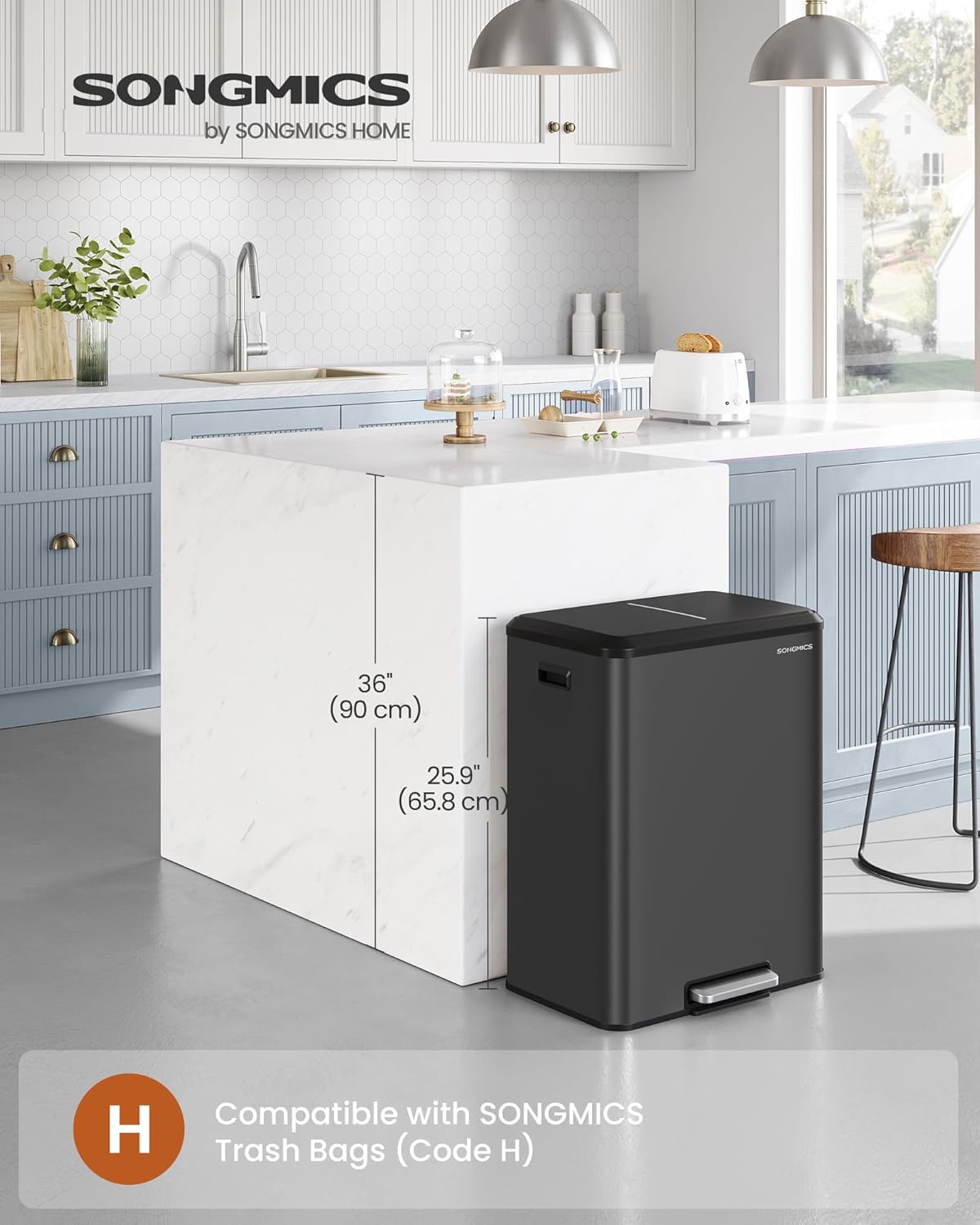 SONGMICS Trash Can, 2 x 8 Gallon (2 x 30 L) Double Garabge Can for Recycling and Waste, Stainless Steel, Soft-Close Lid, Inner Buckets, Wide Sturdy Pedal, Ink Black ULTB556B01