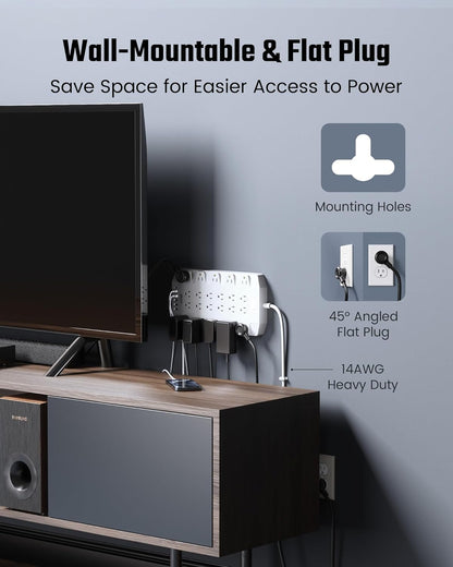 45W Power Strip Surge Protector with PD USB-C, SUPERDANNY 1875W/15A, 2100J, 6.5ft Flat Plug Mountable Extension Cord with 22 Outlet+6 USB Port, Fast Charging for Home,Office,Dorm,Gaming,PC,Streaming