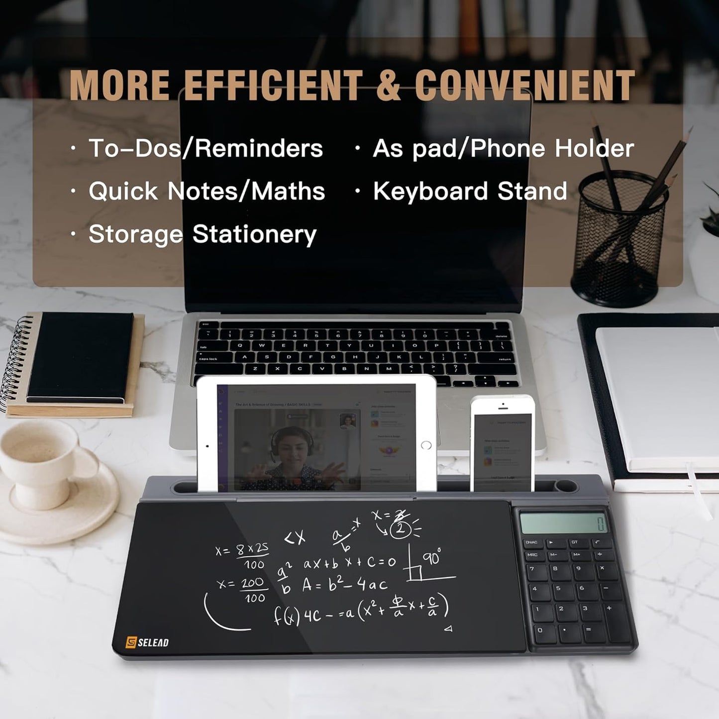 SELEAD Desktop Glass Whiteboard with Calculator, Organizer, Markers, Eraser, Holder - Black Dry Erase White Board Computer Pad Keyboard Stand for Home, School, Office Desk Cubicle Accessories