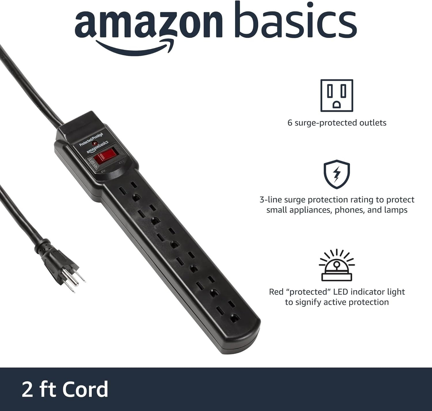 Amazon Basics Surge Protector Power Strip, 6-Outlet with 200J Protection, 2ft Extension Cord, Rectangle, Black (20 Pack)