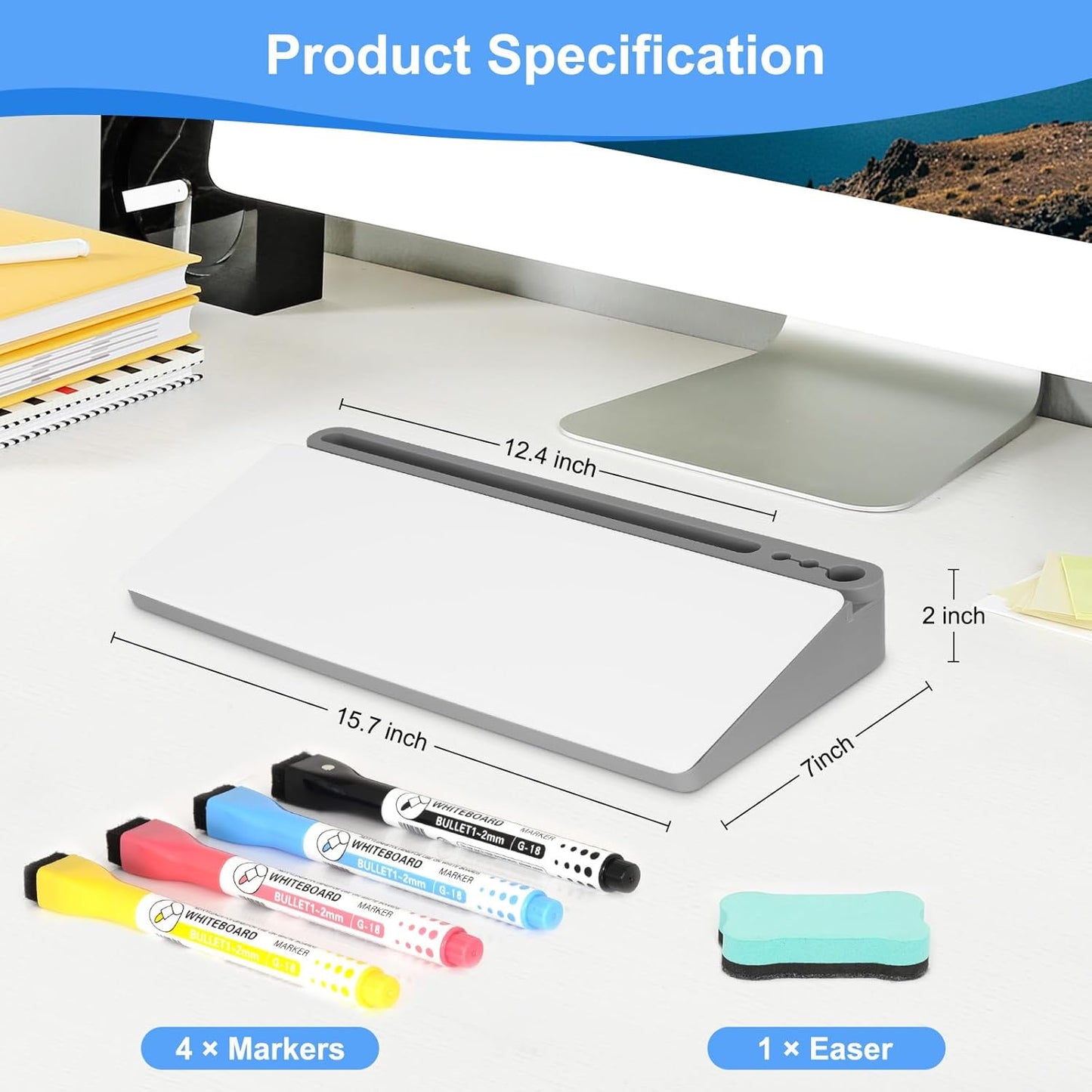 Desktop Glass Whiteboard with Storage, Grey Desk Dry Erase White Board with Computer Keyboard Stand, Desk Organizers and Accessories with Removable Cubicles for Office, Home, College, School