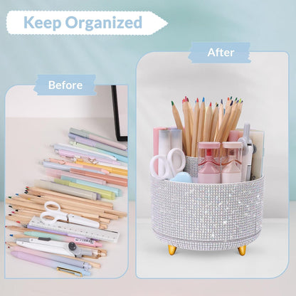 SKYDUE 360 Degree Rotating Desk Organizer, Shining Dual-Purpose Rhinestone Pencil Pen Holder, Rotating Desk Pen Organizer with 5 Slots, Rhinestone Pencil Cup for Office, School, Home