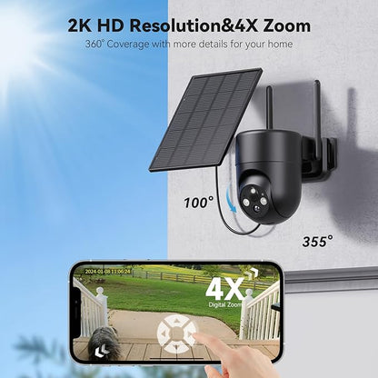 Security Cameras Wireless Outdoor, 2K Color Night Vision, Solar Camera Outdoor Wireless for Home Security, 360°Panoramic View, Weatherproof, 2.4GHz WiFi, 2pack