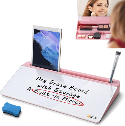 SELEAD Desktop Glass Whiteboard with Organizer & Built-in Mirror - Small Dry Erase White Board Computer Pad Keyboard Stand with Markers, Eraser, Holder for Women Girls - Pink