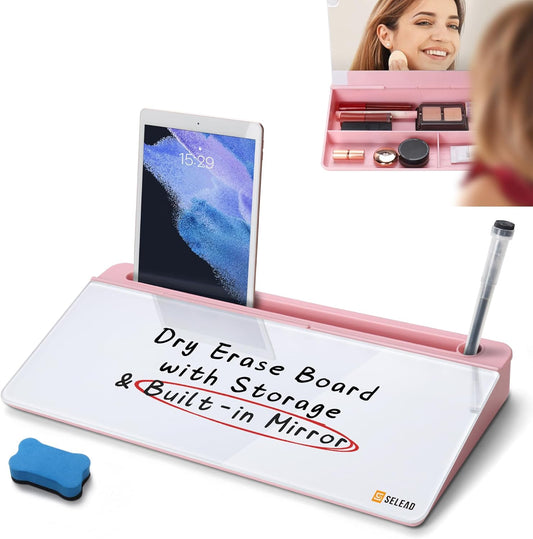SELEAD Desktop Glass Whiteboard with Organizer & Built-in Mirror - Small Dry Erase White Board Computer Pad Keyboard Stand with Markers, Eraser, Holder for Women Girls - Pink