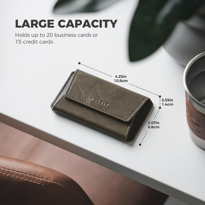 VULKIT Leather Business Card Holder Case for Men Slim Pocket Business Card Wallet Name Card Case Holder, Holds 20 Business Cards Olive