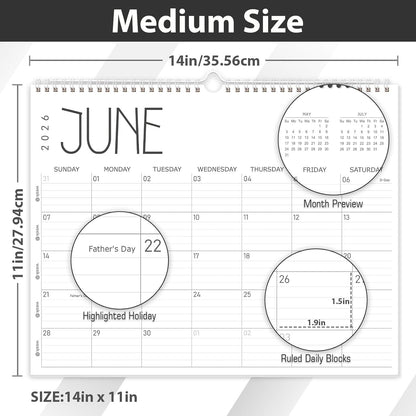 GuassLee Wall Calendar 2026, 2026 Calendar Wall from Jan. 2026 to Dec 2026, 14" X 11" Paper Monthly Planner Wall Hanging Calendar with Thick Paper for Office Home Planning & Organizing