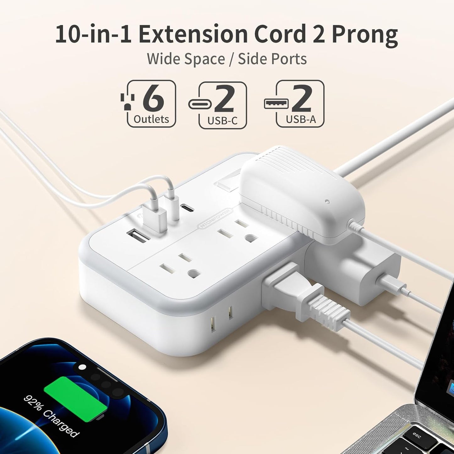 NTONPOWER Extension Cord 15 FT, 1875W Two Prong to Three Prong Outlet Adapter, 1080 Joules Surge Protector Power Strip, Rotating Plug 2 Prong Extension Cord with 4 USB Ports(2 USB C), for Old House