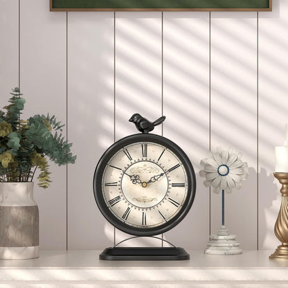 Vintage Table Clock with Bird, European Antique Style Black Mantel Clocks, Desk and Shelf Decor Clock, for Farmhouse, Bedside, Living Room, Bedroom, Gift (9" H x 6.5" W)