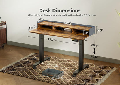YDN Rustic Brown 2-Tier Adjustable Electric Standing Desk, 48 inch, Modern Design with 2 Drawers, Felt Fence, Hook, for Office