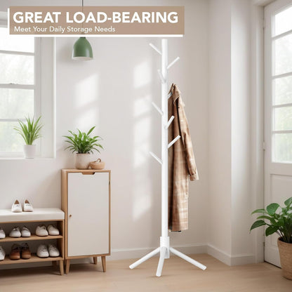 Wooden Tree Coat Rack Stand,Sturdy Freestanding Coat Rack with 8 Hooks,3 Adjustable Height for Child Adult,Wood Coat Stand Tree Fits Entryway Bedroom Office for Bags,Hats, 2 Pack