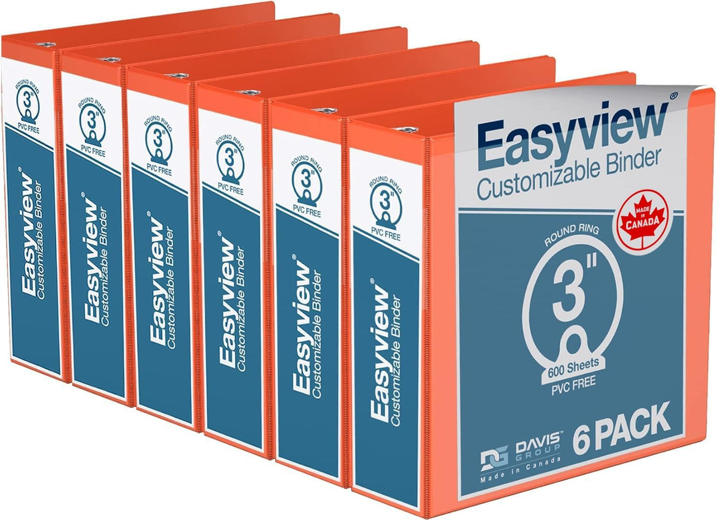 Easyview Premium 3-Ring Binders with Clear-View Covers and Round Rings, Binders for School or Office, 3 Inch, Pack of 6, Orange