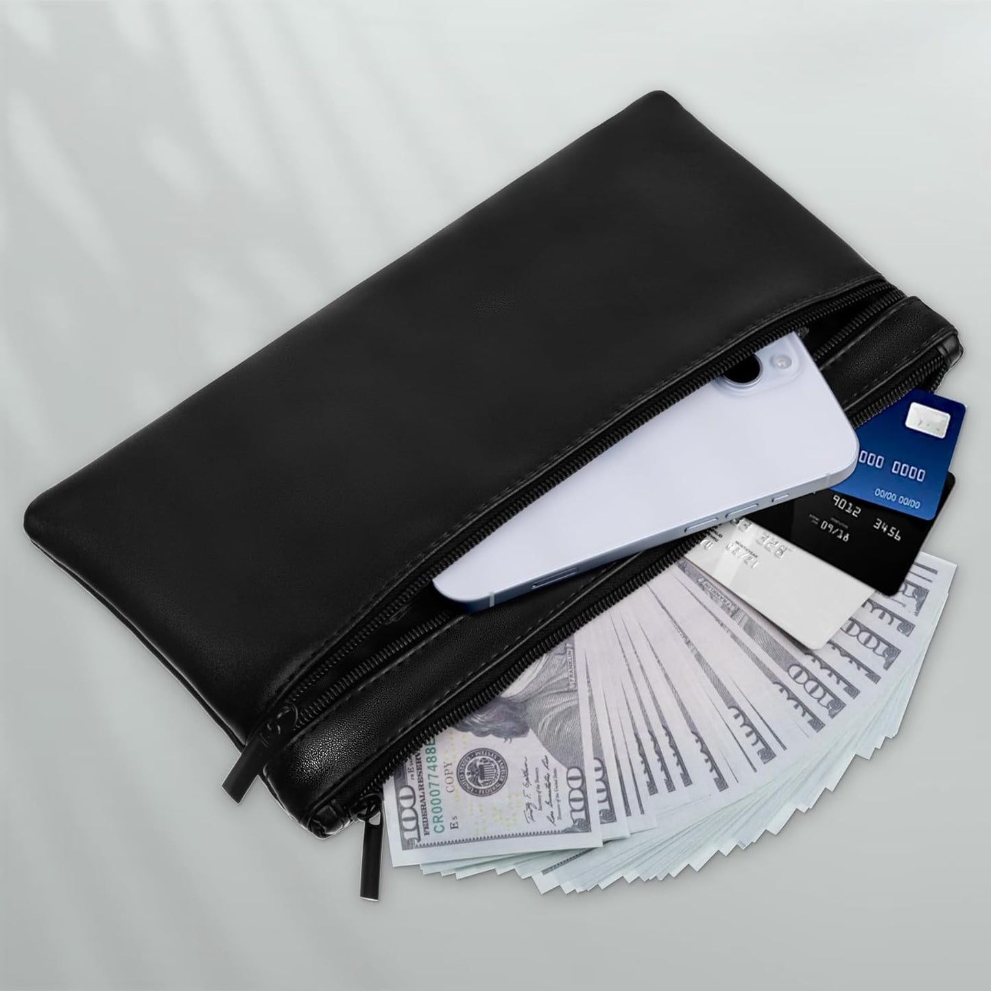 HAUTOCO 2 Pack Money Bag with Zipper 11x6.1 inch Money Pouch with Lined PU Leather Bank Bag Two Pockets Utility Wallet for Cash Check Receipt Coins Cosmetics