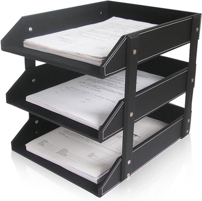 KINGFOM Pu Leather Desk Organizers and Accessories, 8 PCS/SET Office Supplies Organization with Magazine Files Holder, Stackable Paper Tray, Desktop Organizers with Drawer for Home Office School Black