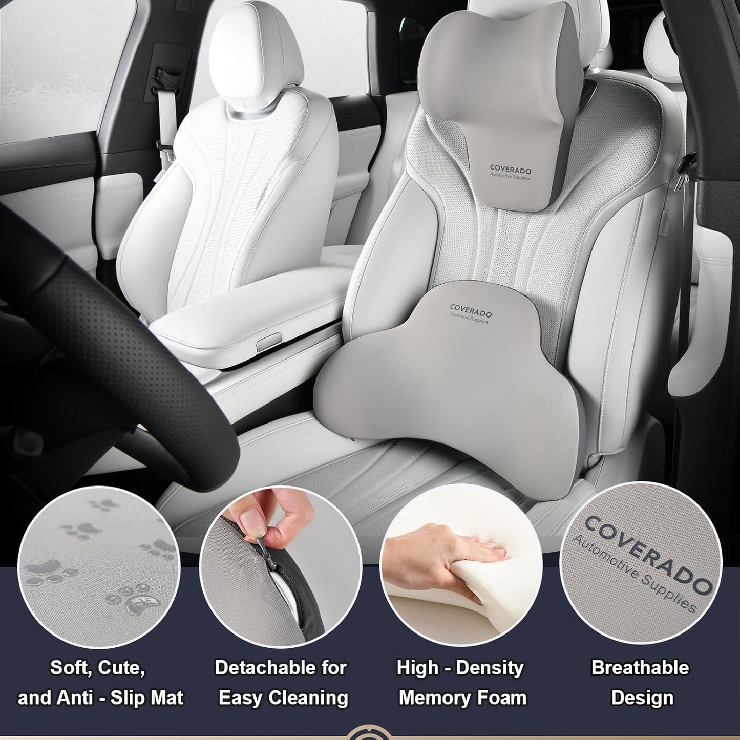 Coverado Lumbar Support and Car Neck Pillow, Ergonomic Memory Foam Desk Chair Cushion and Headrest Pillow for Car Office Chair, Sciatica & Neck & Tailbone Cushion-Black&Gray