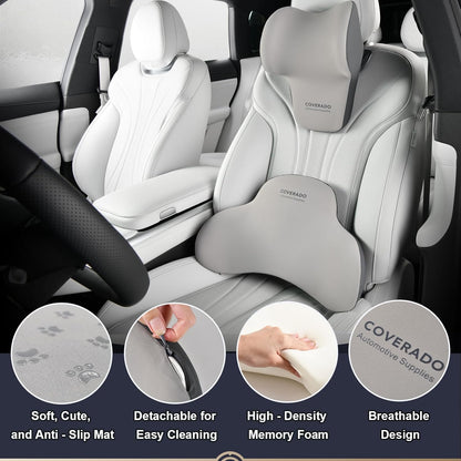 Coverado Lumbar Support and Car Neck Pillow, Ergonomic Memory Foam Desk Chair Cushion and Headrest Pillow for Car Office Chair, Sciatica & Neck & Tailbone Cushion-Black&Gray