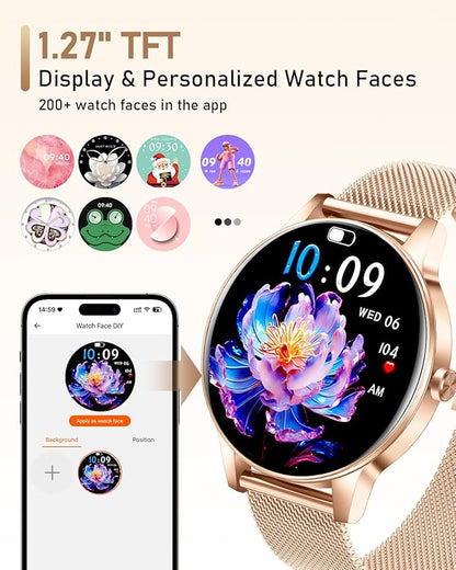 Smart Watch for Women, Answer/Make Call,1.27'' Touchscreen, 120+ Sports Modes Fitness Tracker, 24H Heart Rate/SpO2/Sleep/Menstrual Cycle/IP68 Fitness Watch for Android iOS, 4 Straps (Rose Gold)