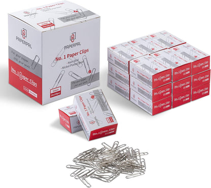 PAPERPAL Paperclips for Office School & Personal Use, #1 Nonskid Paper Clip (1-2/7"), 2000 Medium Paper Clips (20 Boxes of 100 Each), Silver