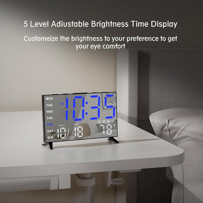Mirror Digital Loud Alarm Clock with with Date,Indoor Temperature,USB Charging Port,Dimmer,Dual Alarms,Adjustable Volum,12/24H, Snooze, Perfect for Bedroom and Living Room (Black+Blue Digit)