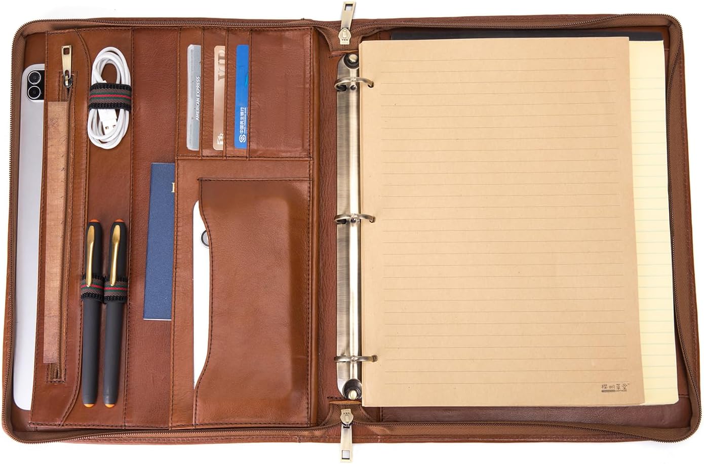 Personalized 3 Ring Binder Genuine Leather Portfolio, Front Pocket, Custom Engraved 8.5 x 11 Zippered Laptop Organizer for Men and Women, Professional Business Work Padfolio, Brown, Oil Tanned