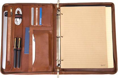 Personalized 3 Ring Binder Genuine Leather Portfolio, Front Pocket, Custom Engraved 8.5 x 11 Zippered Laptop Organizer for Men and Women, Professional Business Work Padfolio, Brown, Oil Tanned