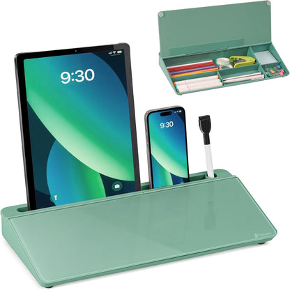 Varhomax Glass Desk Whiteboard with Storage, Desktop Organizer to-do List Memo Notepad Dry Erase White Board for Home Office and School Supplies (Green)