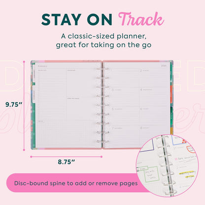 Happy Planner Disc-Bound Planner Jan.–Dec. 2026, Includes 3 Extra Months and 2 Sticker Sheets, Classic Size, 7" x 9.25", Dashboard Layout, Floral Color Beat