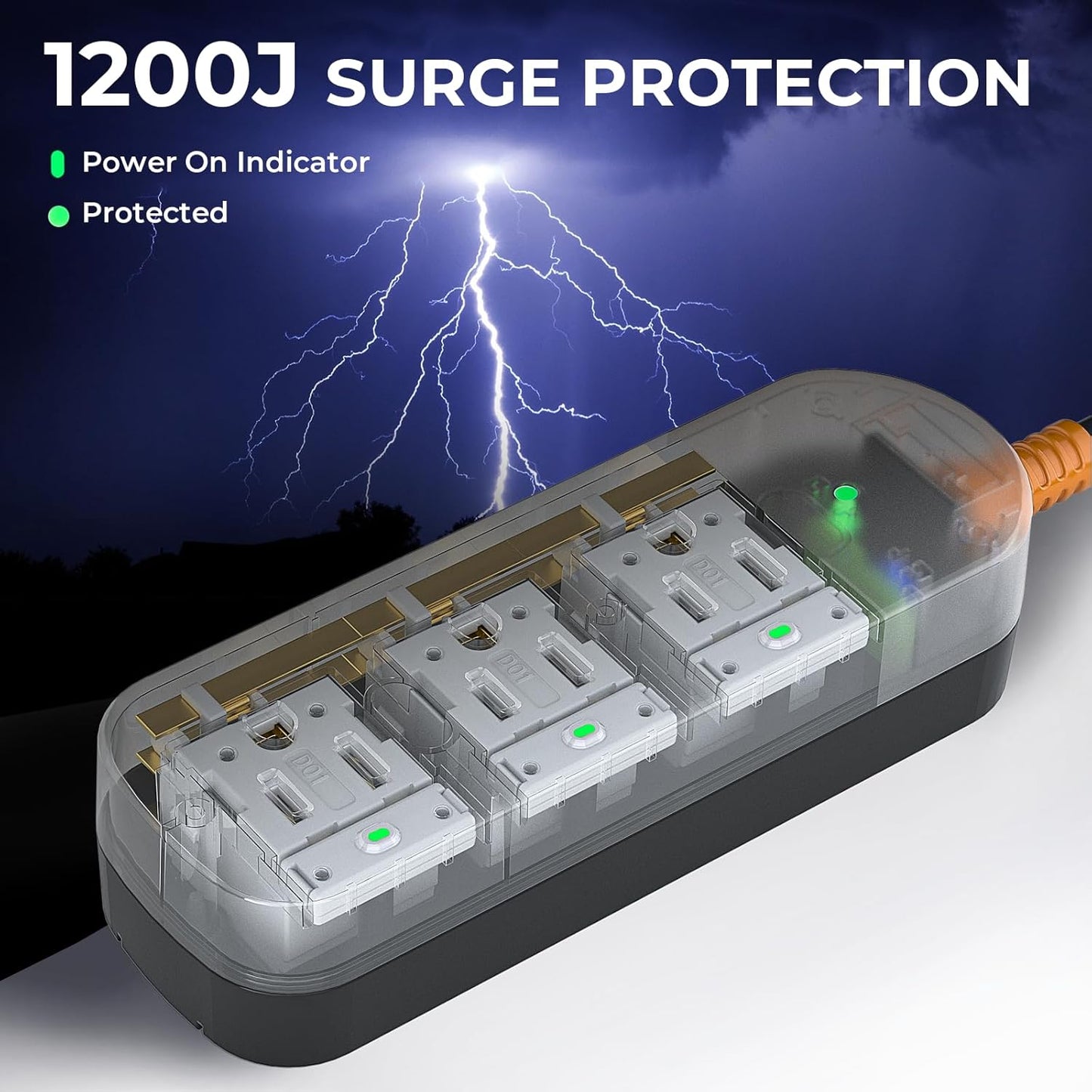 Surge Protector Power Strip,1625W/13A,5Ft Extension Cord with 3 Outlets,Waterproof Class 6 Heavy Duty Extension Cord for Indoor Outdoor,UL FCC IPX6 Listed (Transparent, 5FT)