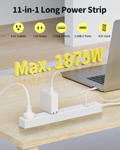 6 Ft Power Strip Surge Protector - 7 Outlets 4 USB Ports (2 USB C), Ultra Thin Flat Extension Cord & Flat Plug, 1700 Joules, Wall Mount, Desk Charging Station for Home Office Dorm, White