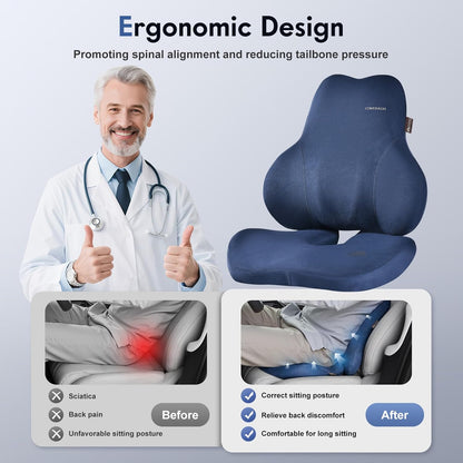 Coverado Memory Foam Car Seat Cushion and Lumbar Support Pillow for Car, Ergonomic Office Chair Cushion for Lower Back Pain Relief, Breathable & Non-Slip for Car, Home, and Office Use, Blue