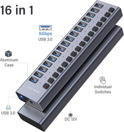 Powered USB 3.0 Hub, ACASIS 16 Ports USB 3.0 Hub with 5Gbps Data Speed，Aluminum Housing, USB Hub Powered with 90W Power Adapter, USB Hub for PC/Laptop, Computer, Flash Drive, Printer, Camera